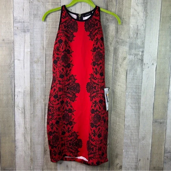 B. Darlin Red & Black Floral Printed Design Sleeveless Halter Neck BodyCon Dress - Picture 2 of 7